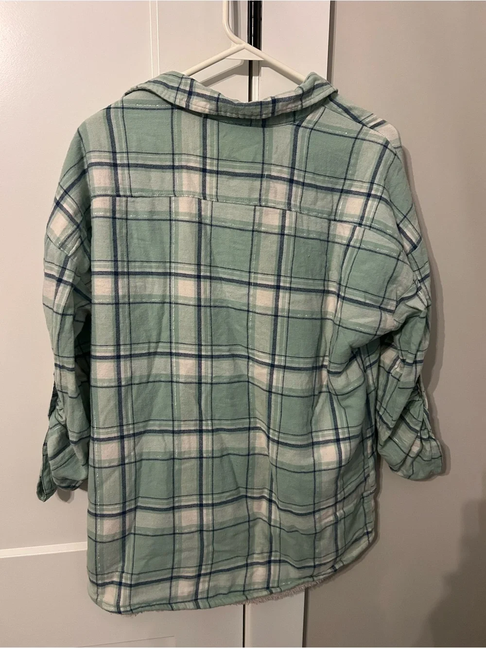 No Boundaries Mint Green Plaid Sherpa-Lined Shirt Jacket - Picture 4 of 6